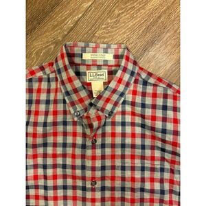 LL‎ Bean Shirt Mens Large Blue Red Plaid Wrinkle Free Button Down Long Sleeve